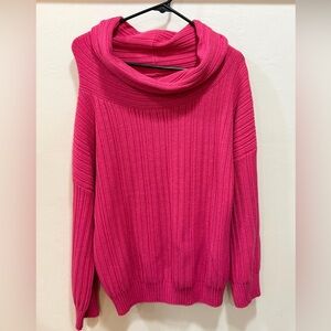Unclecat Women’s Rose Red Bright Pink Cowl Neck Sz XL Casual Top Sweater Ribbed
